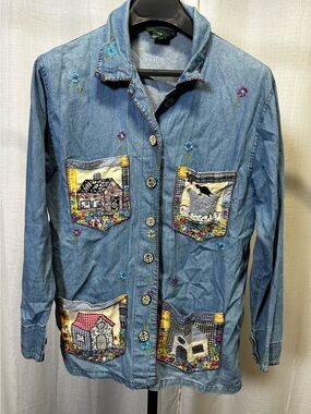 Embroidered Patch Pocket Denim Jacket - Blue